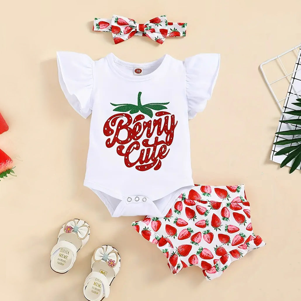 3PCS Cute Strawberry Printed Sleeveless Baby Set