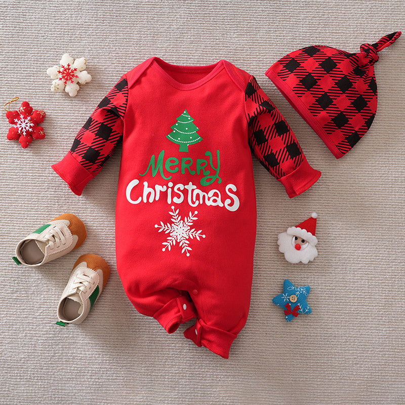 2PCS Merry Christmas Letter Christmas Tree Plaid Printed Baby Jumpsuit