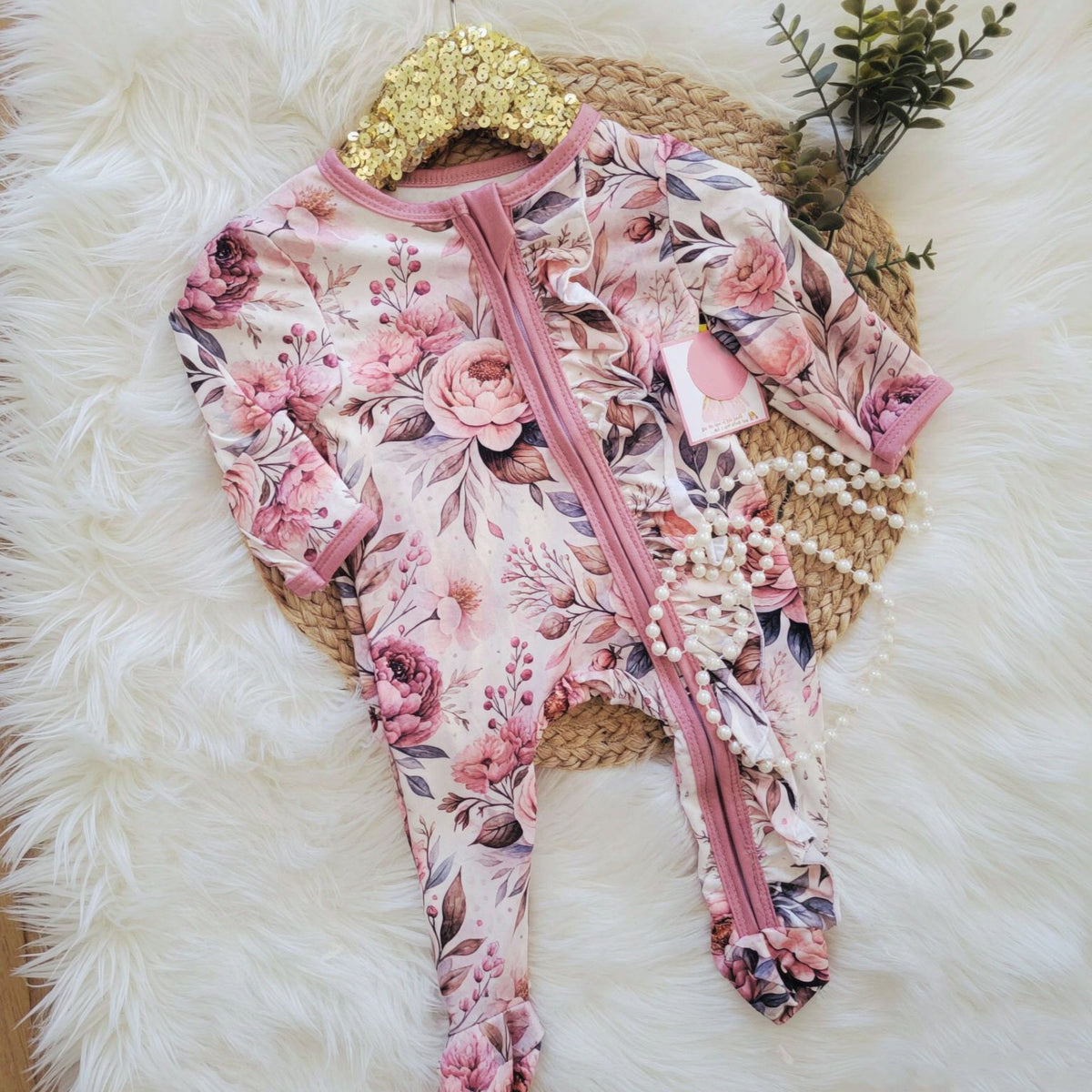2PCS Sweet Allover Floral Print Long Sleeve Baby Zipper Jumpsuit