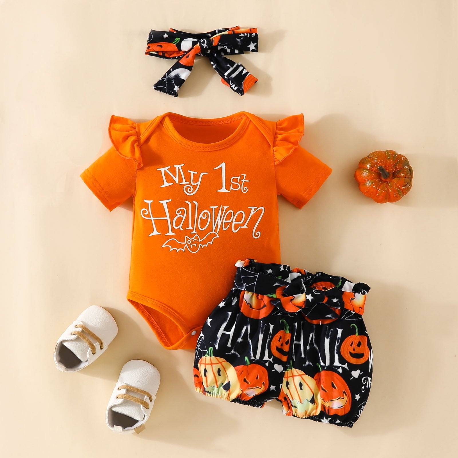 3PCS My 1st Halloween Letter Pumpkin Printed Long Sleeve Baby Set