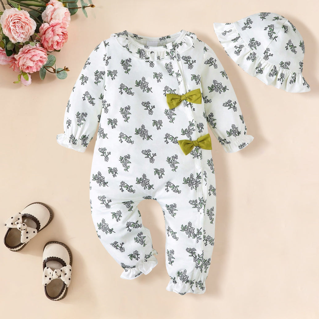 2PCS Floral Print Green Bowknot Long Sleeve Baby Jumpsuit