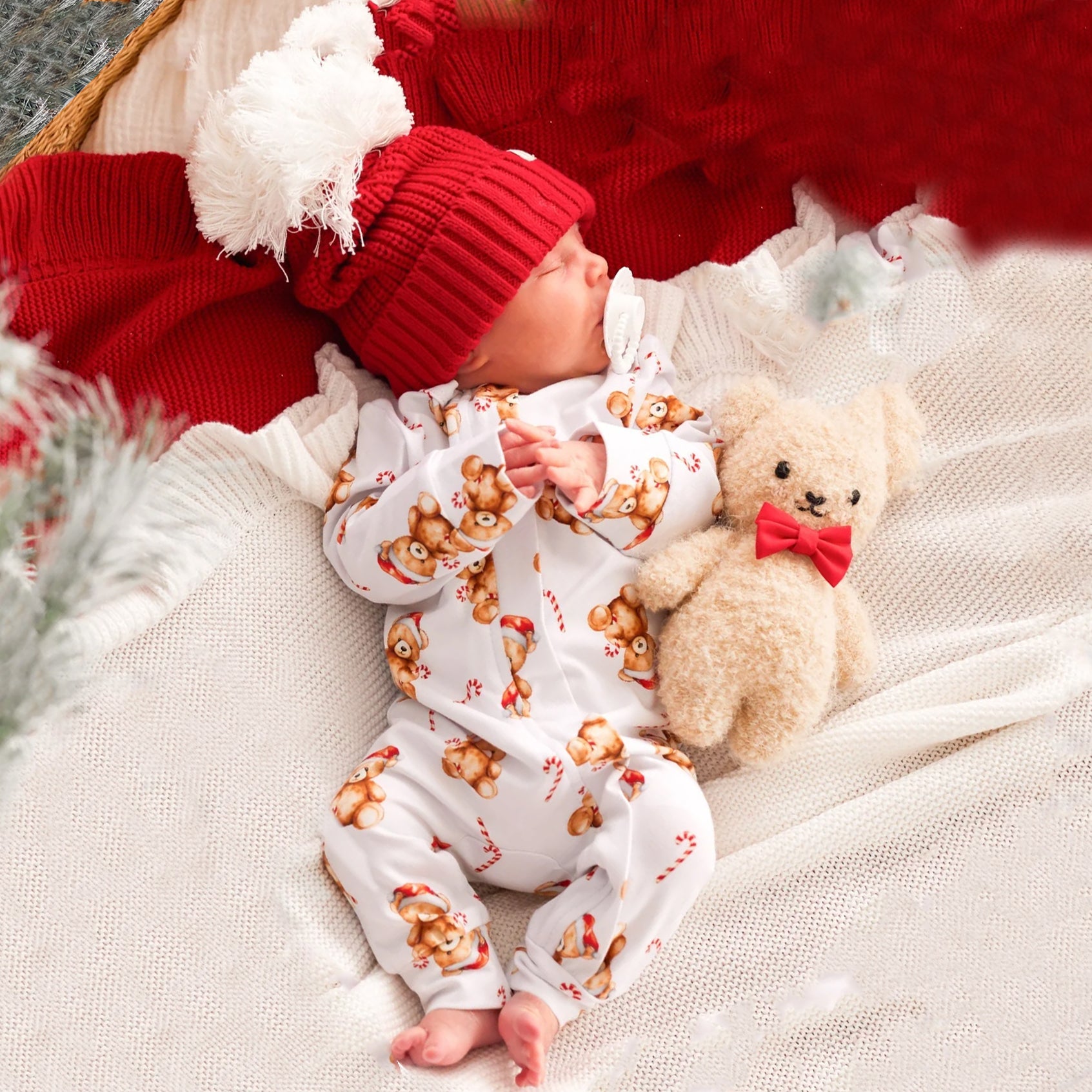 Christmas Bear Printed Long Sleeve Zipper Baby Jumpsuit