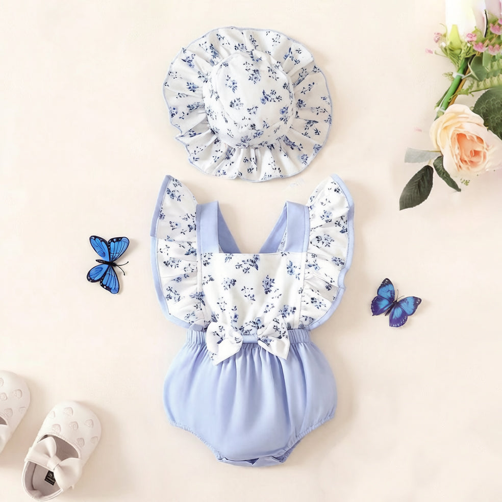 2PCS Charming Floral Print Flutter Sleeve Baby Romper