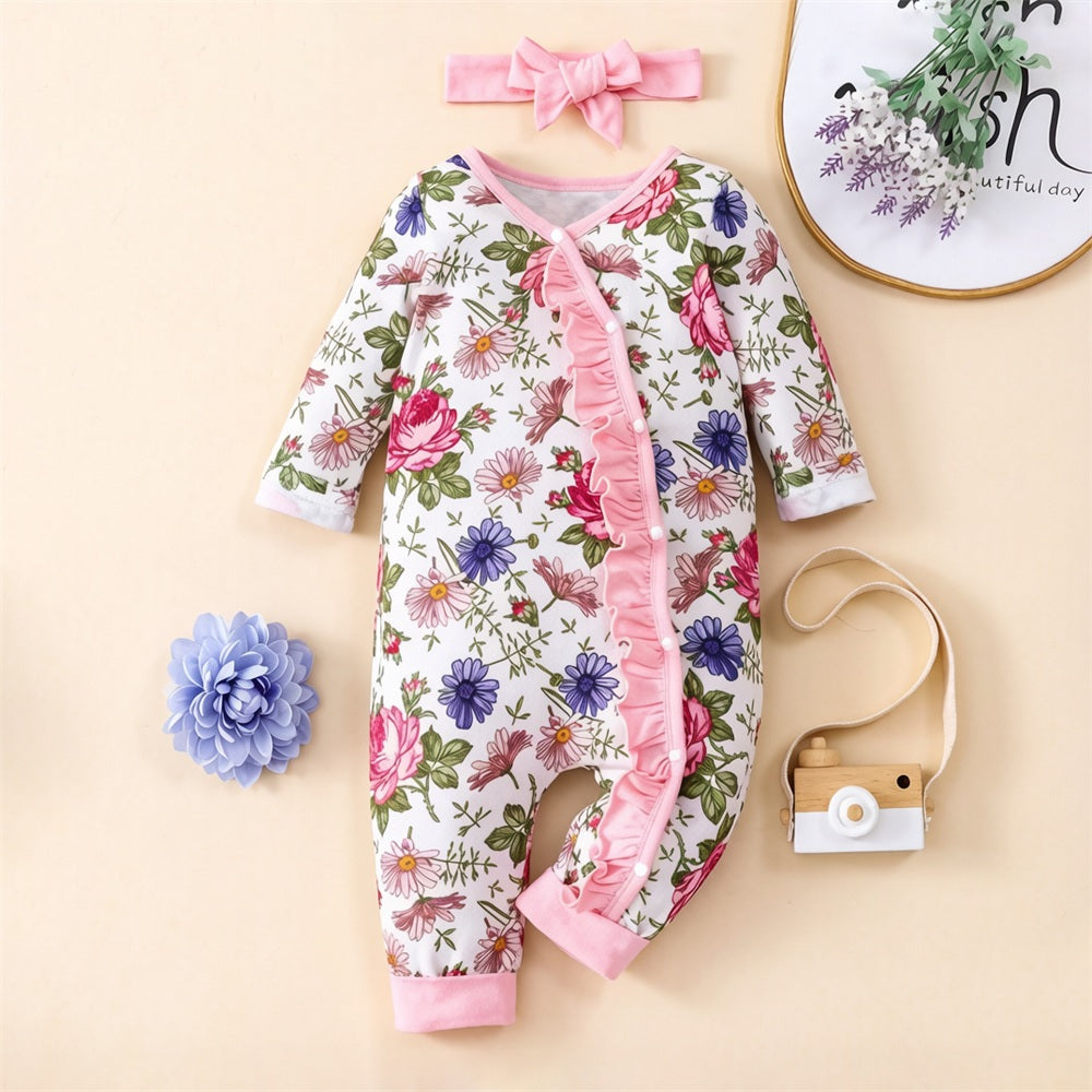 2PCS Grace Allover Floral Printed Ruffle Baby Girl Jumpsuit