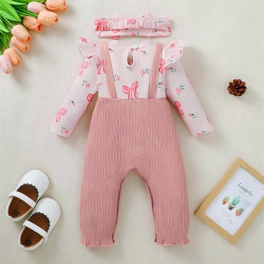 2PCS Pretty Floral Bow Print Ruffle Long Sleeve Baby Jumpsuit