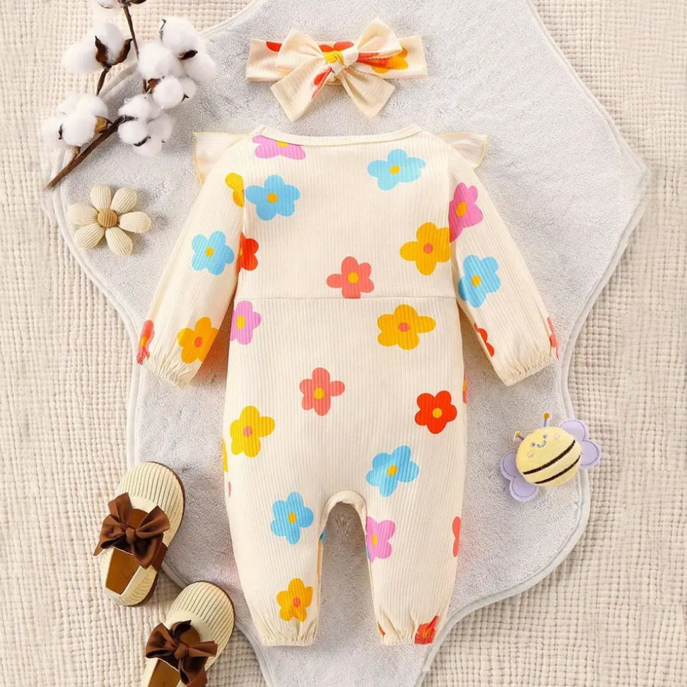 2PCS Radiant Floral Printed Ruffle Long Sleeve Baby Jumpsuit