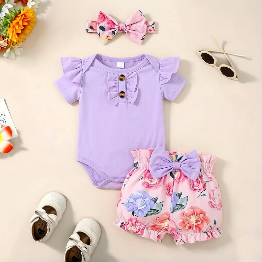 3PCS Dreamy Floral Print Short Sleeve Baby Girl Set