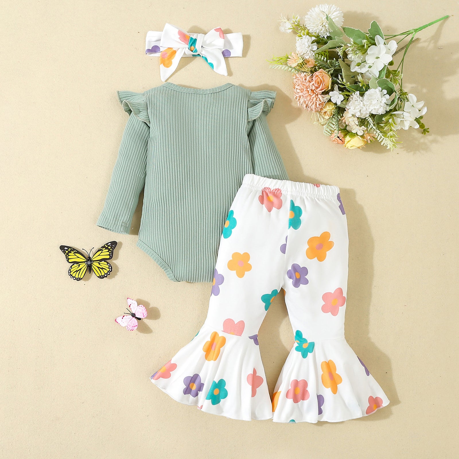 3PCS Pretty Floral Printed Long Sleeve Flare Pants Baby Set