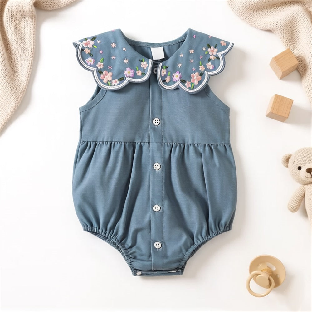 Stylish Floral Embroidery Sleeveless Baby Romper