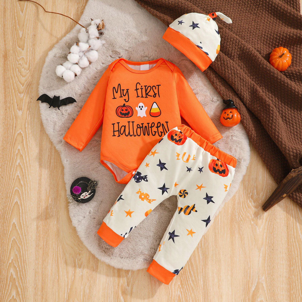 3PCS My First Halloween Letter Halloween Pattern Long Sleeve Baby Set