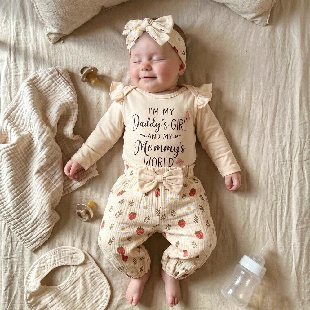 3PCS Daddy's Girl Mommy's World Letter Strawberry Printed Long Sleeve Baby Set