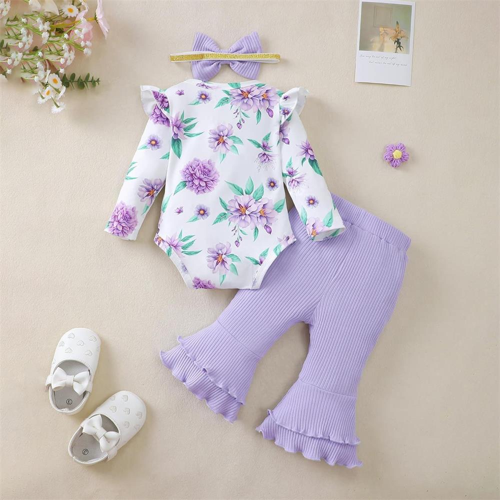 3PCS Stylish Cute Floral Print Long Sleeve Baby Set