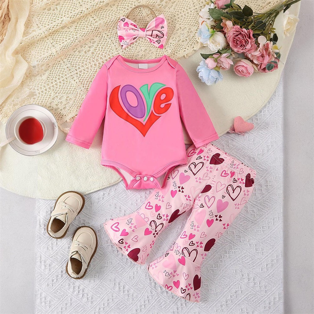3PCS Cute Love Letter Heart Print Long Sleeve Baby Set