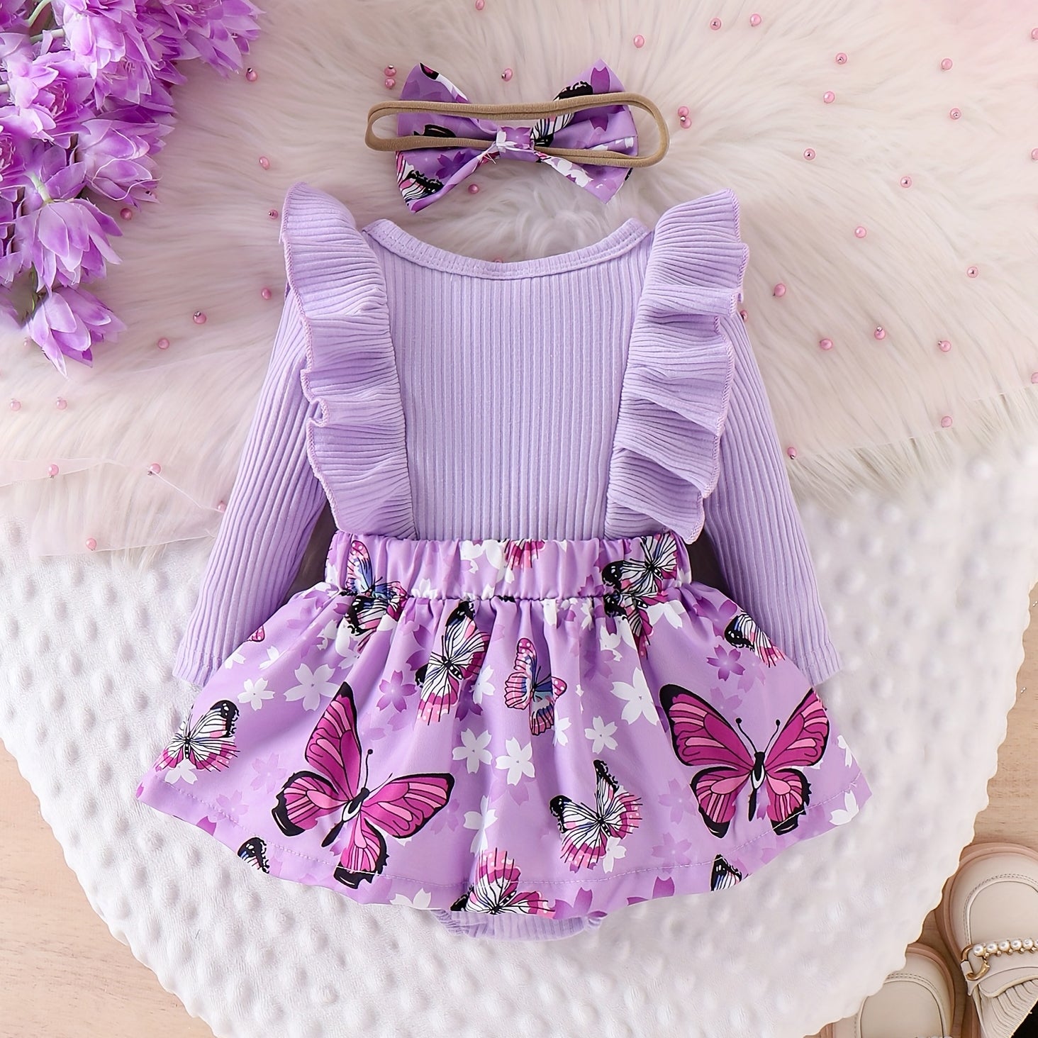 2PCS Cute Butterfly Floral Printed Long Sleeve Baby Romper
