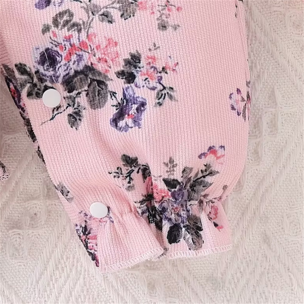 2PCS Sweet Floral Printed Bow Decoration Long Sleeve Baby Jumpsuit