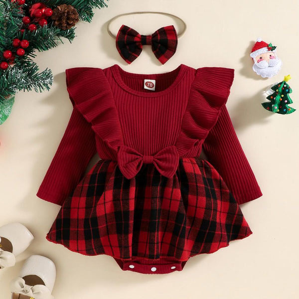 2PCS Christmas Plaid Printed Bow Baby Romper