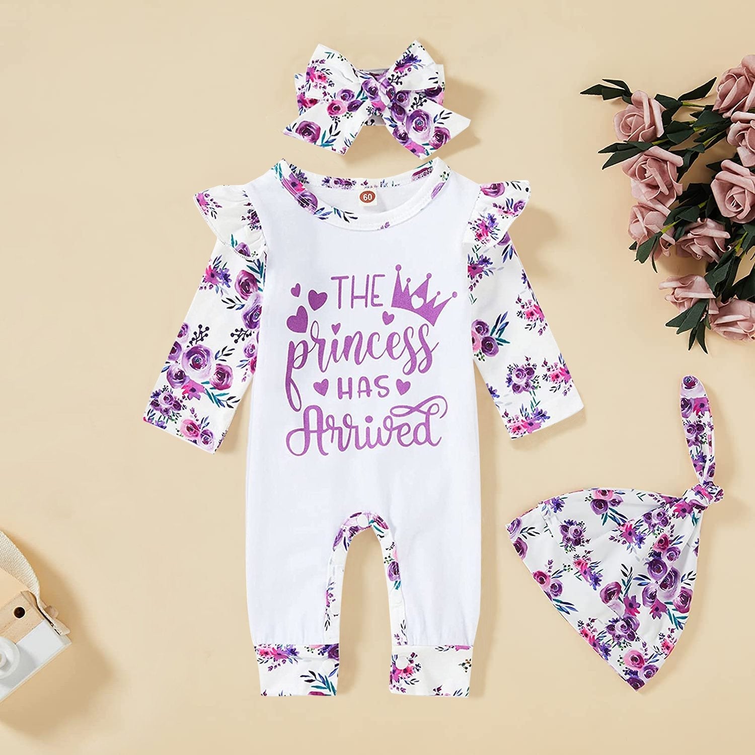 Mono de bebé con estampado floral de 3 piezas La princesa ha llegado