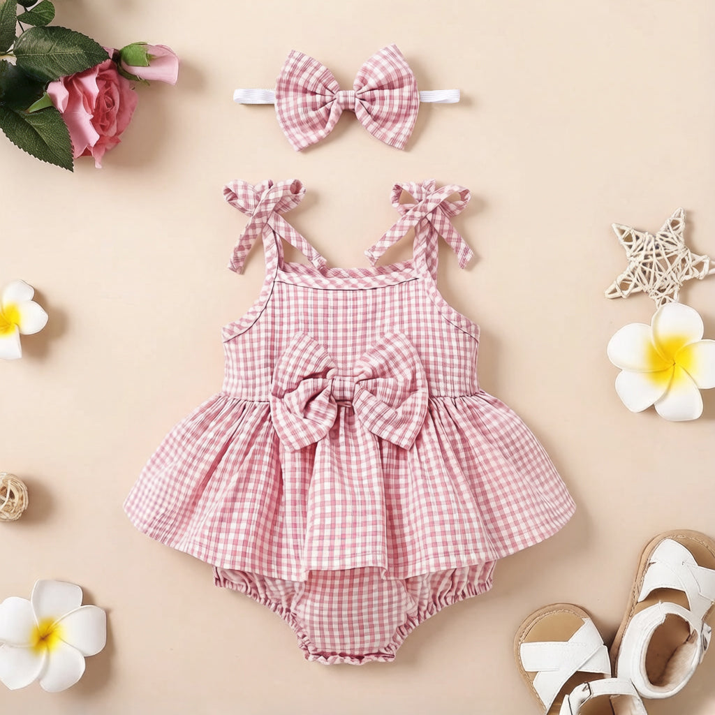 2PCS Pretty Plaid Print Bowknot Sleeveless Baby Romper