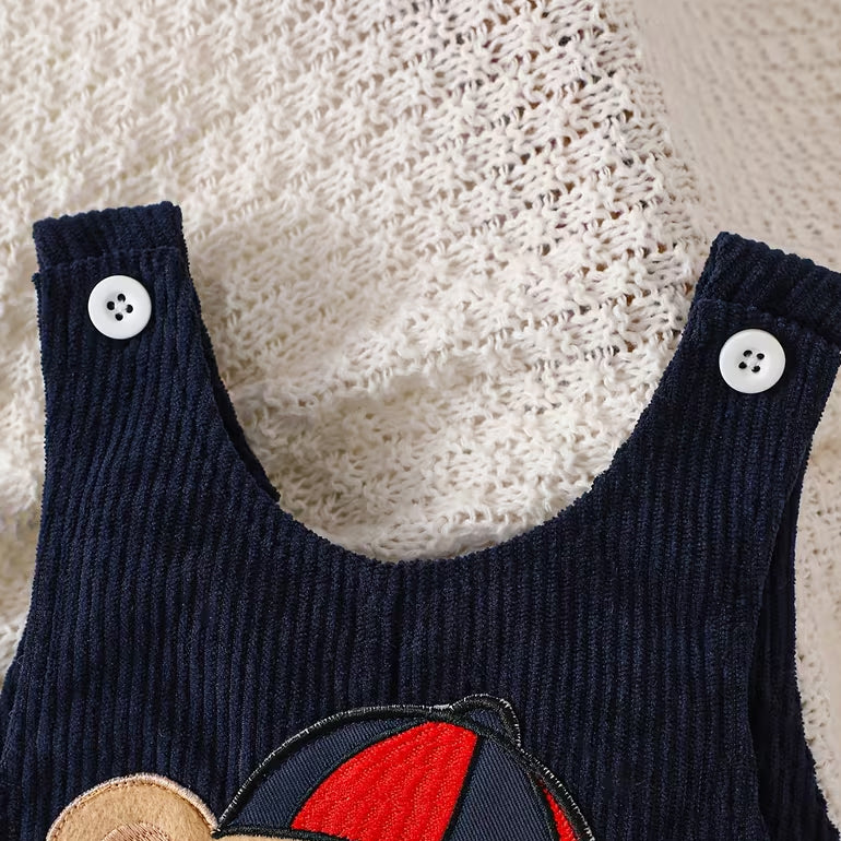 2PCS Cozy Bear Applique Long Sleeve Corduroy Baby Boy Overalls Set
