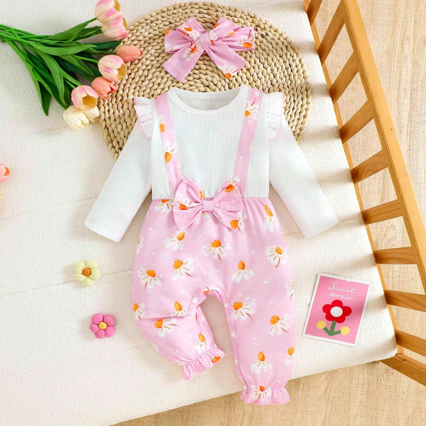 2PCS Bubbly Daisy Printed Long Sleeve Baby Girl Jumpsuit