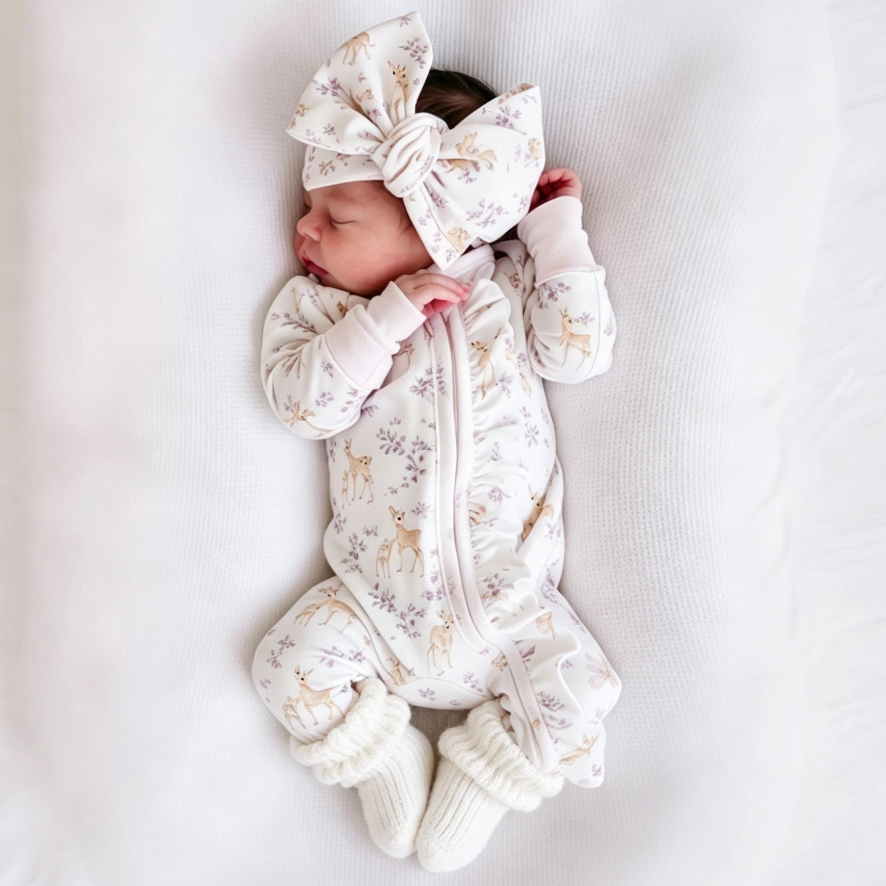 2PCS Lovely Deer and Floral Printed Long Sleeve Baby Jumpsuit