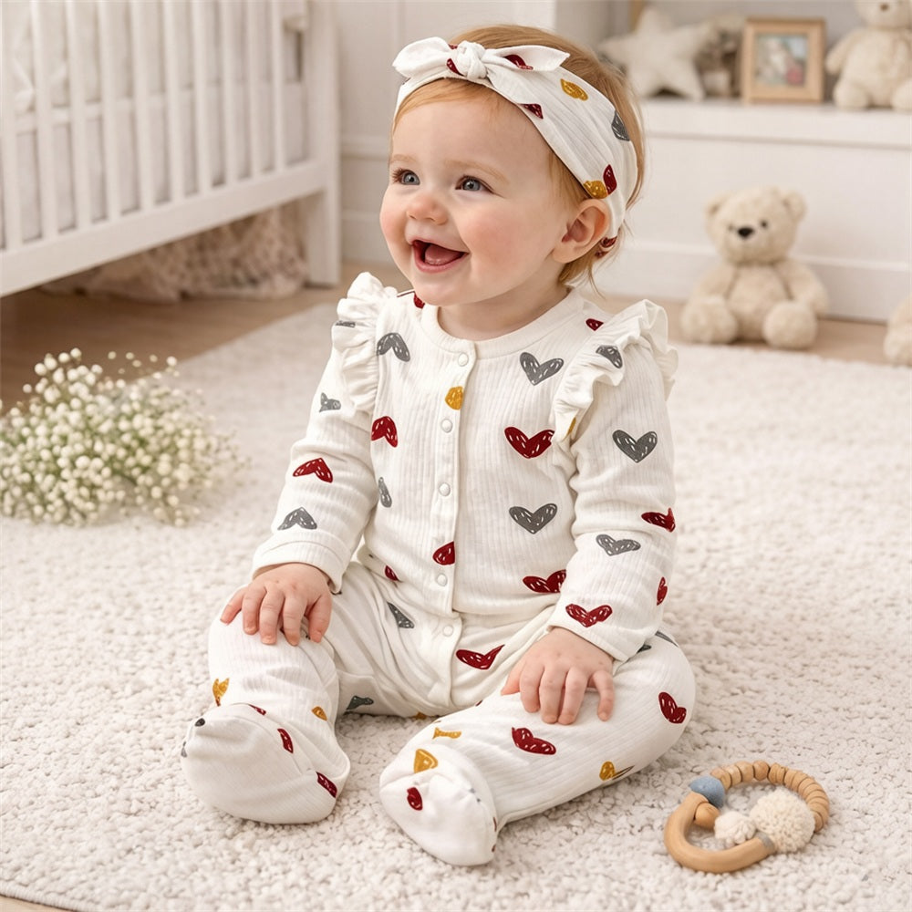 2PCS Graceful Heart Print Long Sleeve Baby Jumpsuit