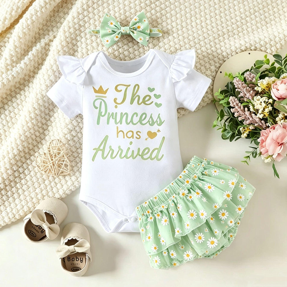 3PCS The Princess Has Arrived Letter Daisy Printed Baby Set