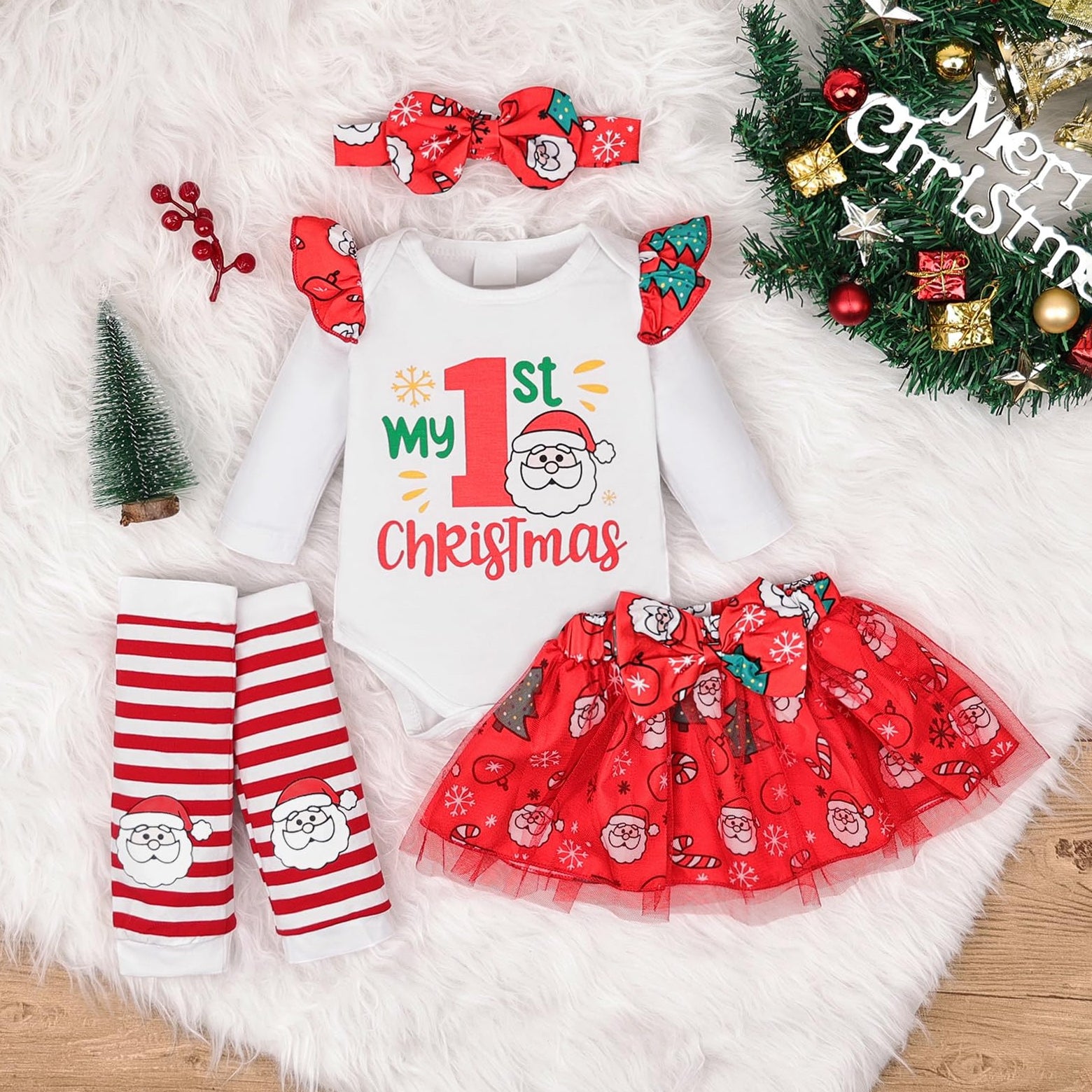 4PCS My 1st Christmas Letter Printed Long Sleeve Ruffled Baby Set