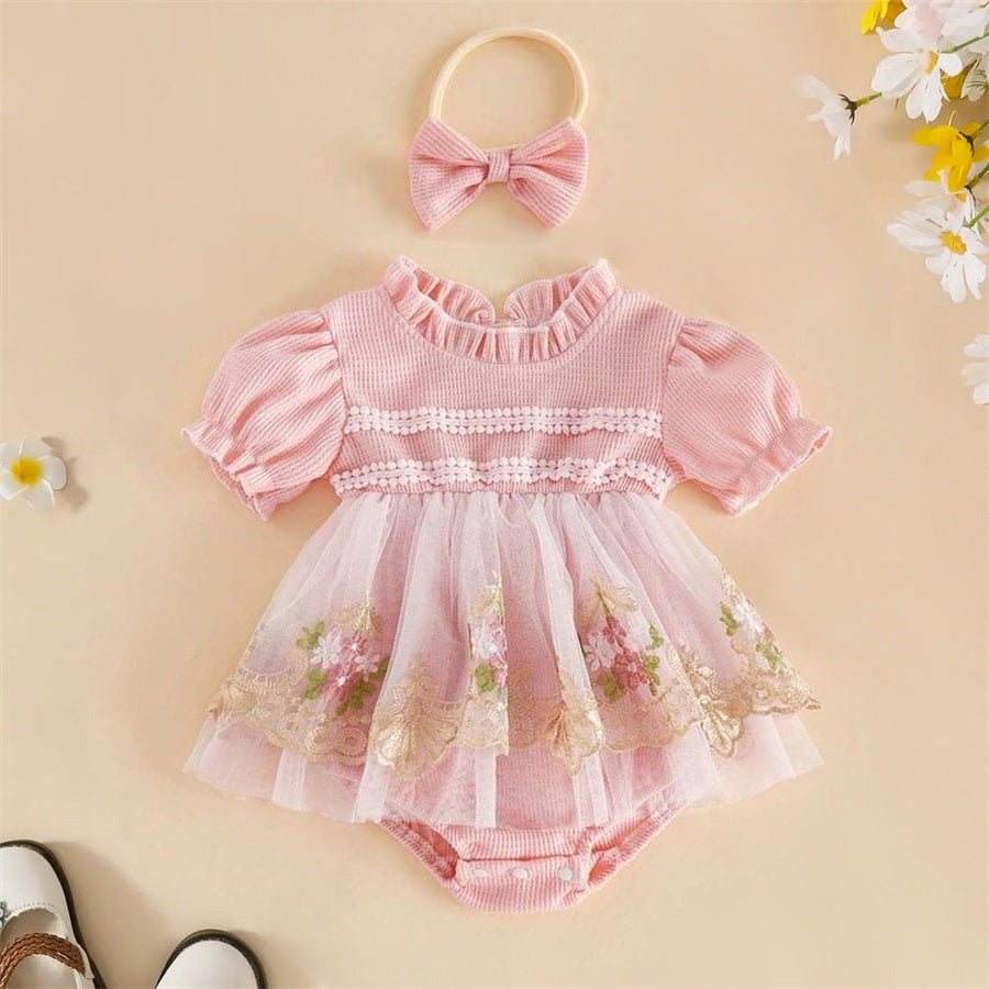 2PCS Summer Floral Embroidery Short Sleeve Lace Tulle Baby Romper