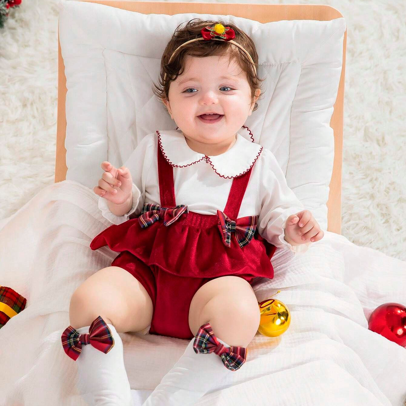 2PCS Christmas Velvet Solid Color Plaid Printed Baby Romper