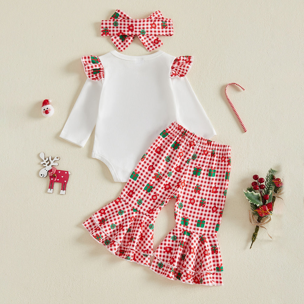 3PCS Lovely My 1st Christmas Letter Plaid Print Baby Girl Set