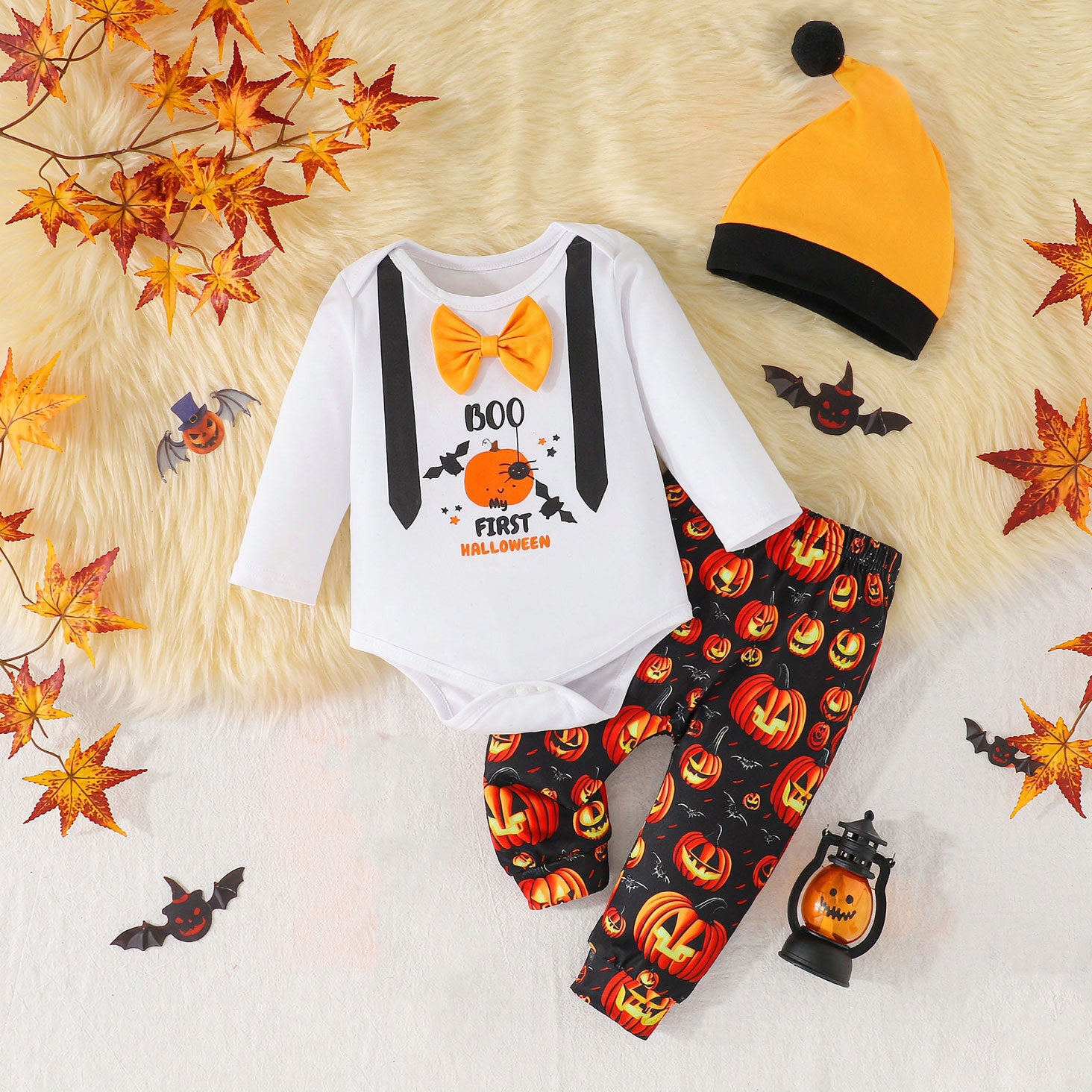 3PCS Boo My First Halloween Letter Pumpkin Printed Long Sleeve Baby Set