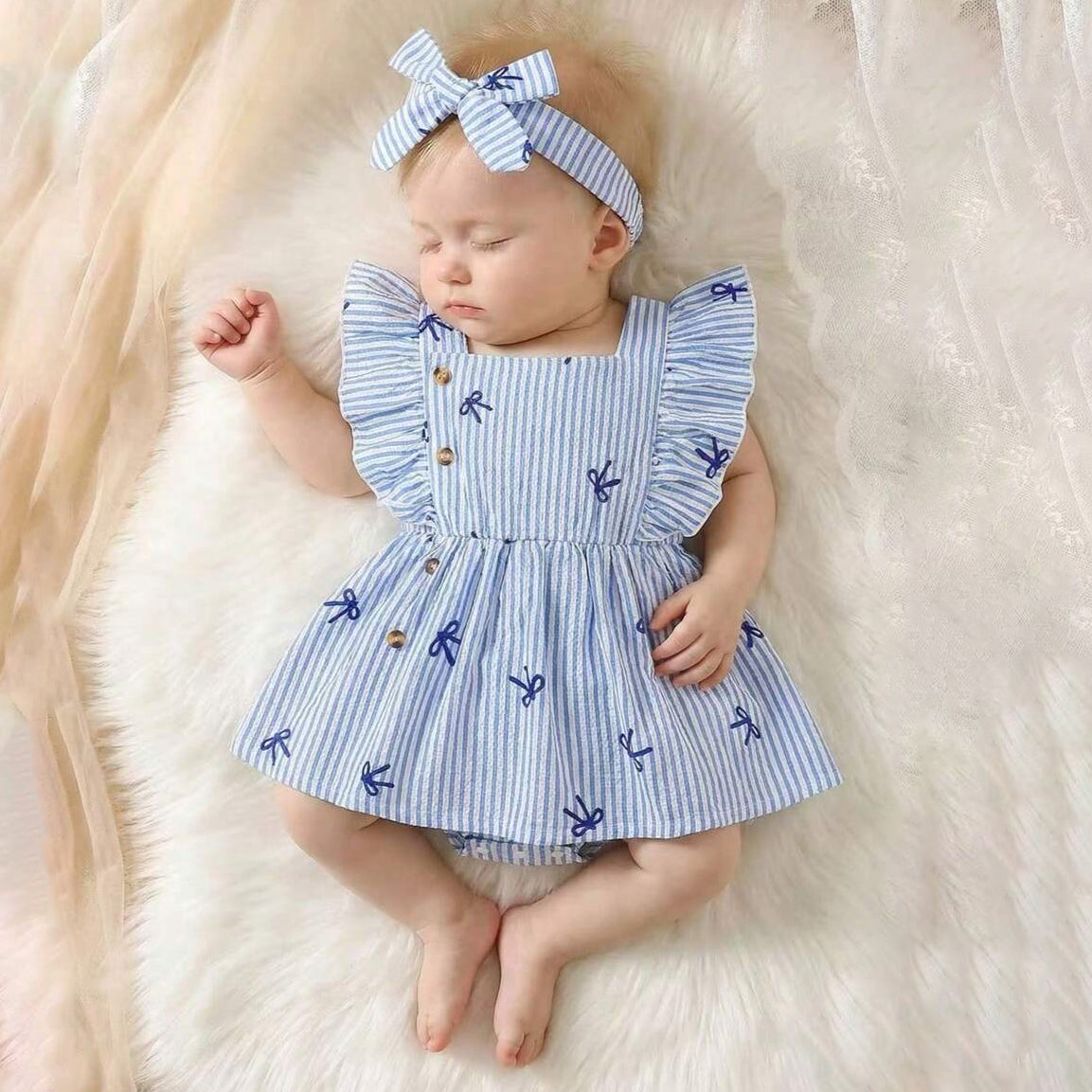 2PCS Sweet Bow Stripe Printed Flutter Sleeve Baby Girl Romper