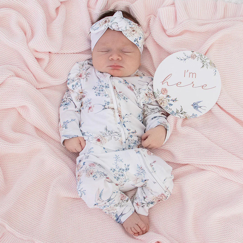 2PCS Allover Lovely Floral Print Long Sleeve Baby Jumpsuit