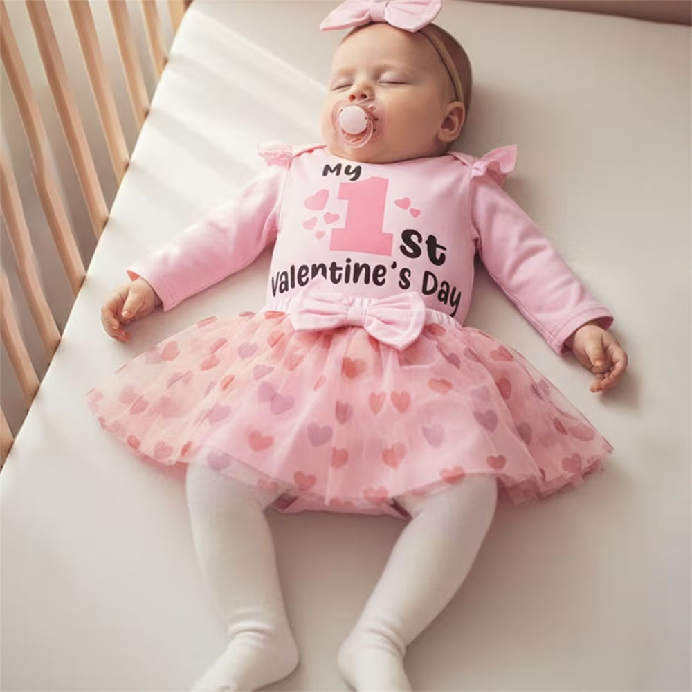 3PCS My 1st Valentine's Day Letter Heart Print Baby Set