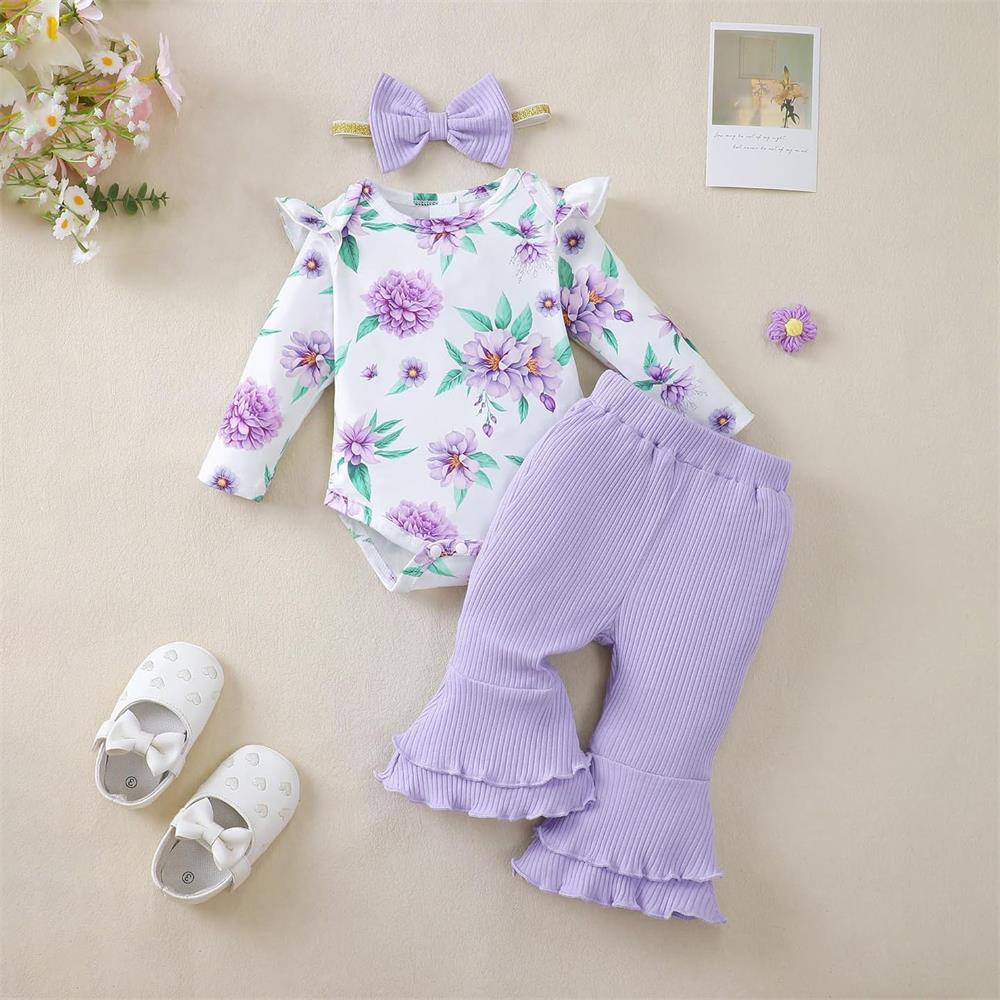 3PCS Stylish Cute Floral Print Long Sleeve Baby Set