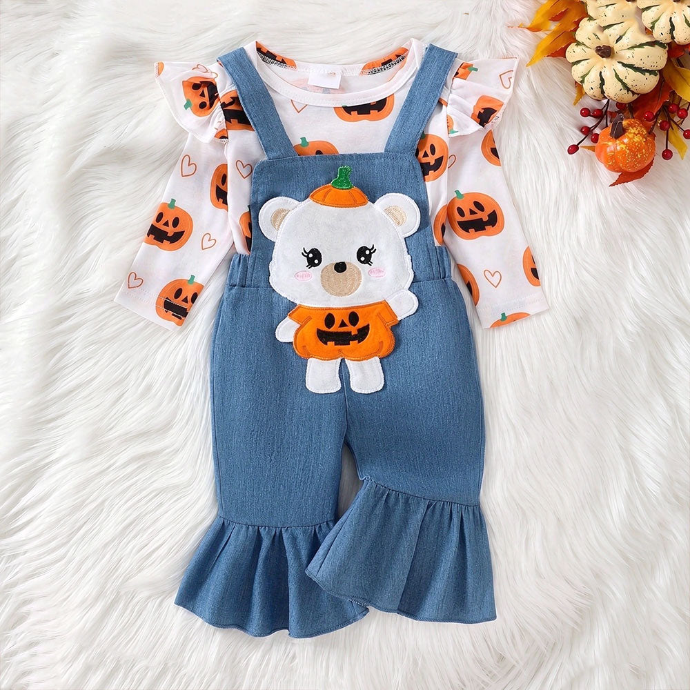 2PCS Halloween Bear Embroidery Pumpkin Printed Overalls Baby Set