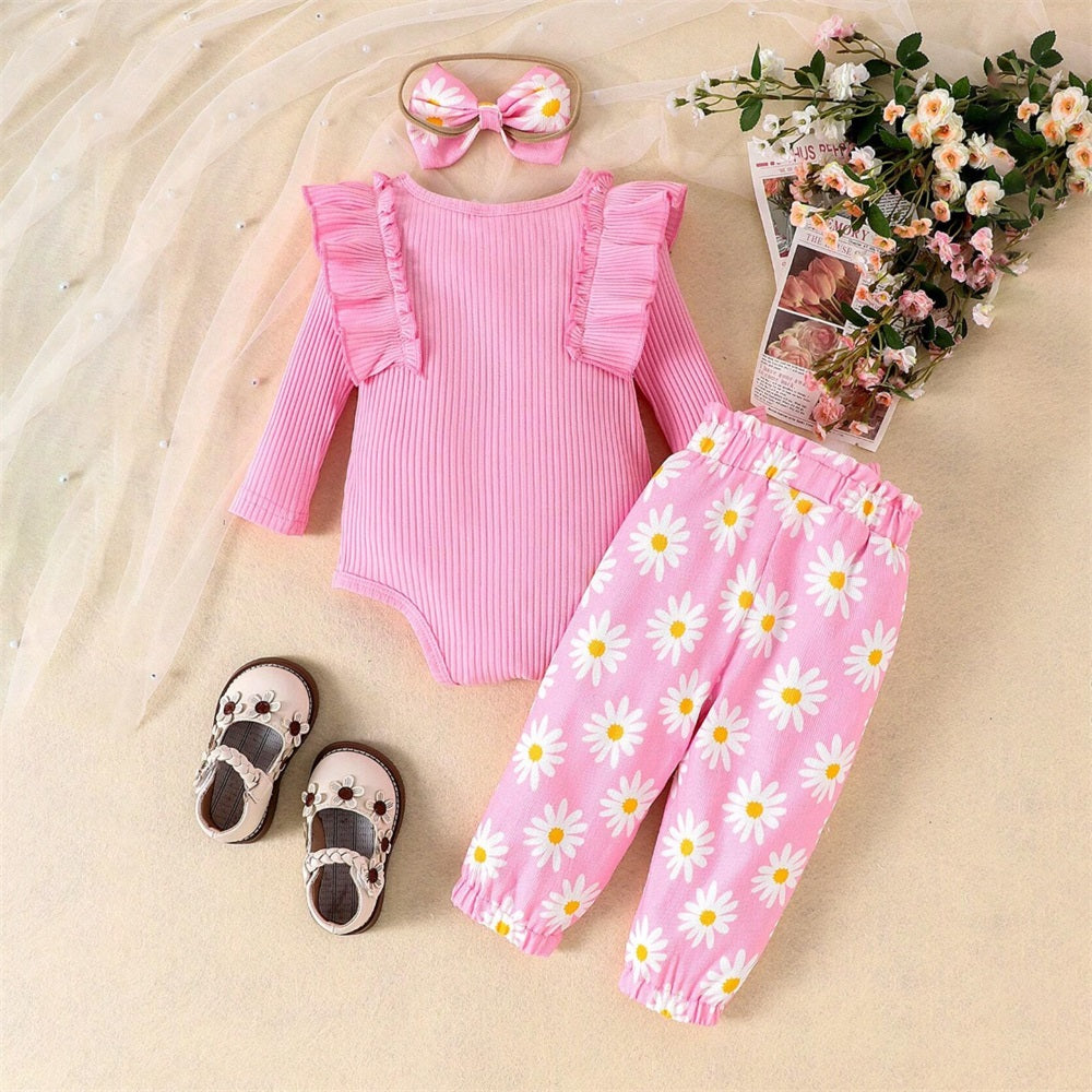 3PCS Floral Print Ruffle Long Sleeve Baby Set