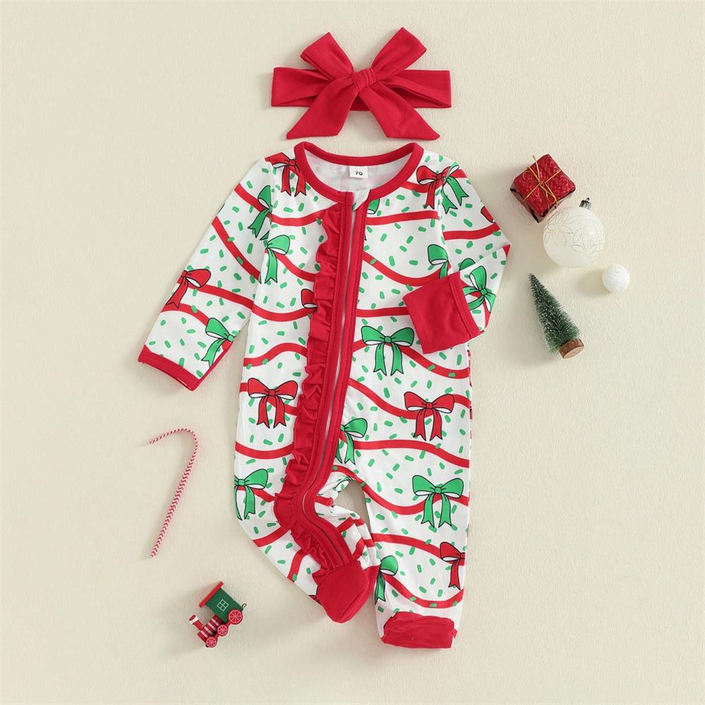 2PCS Christmas Bow Print Long Sleeve Baby Jumpsuit