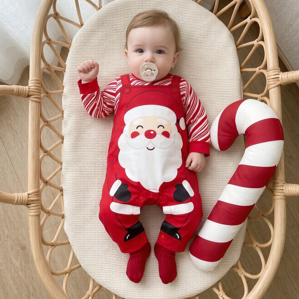 Lovely Santa Stripe Print Long Sleeve Baby Christmas Jumpsuit