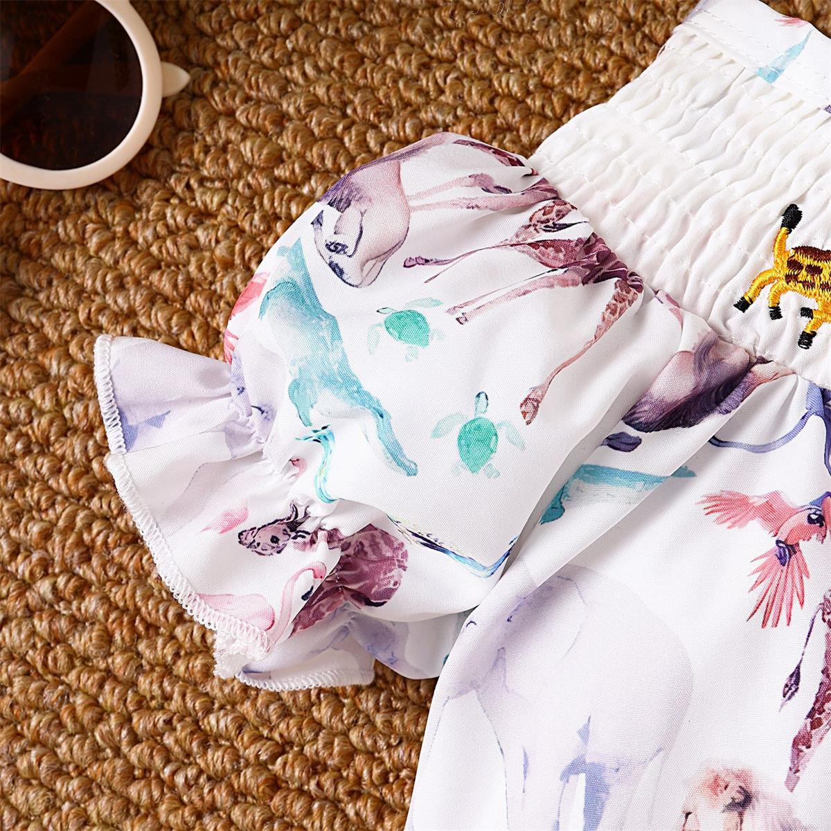 Casual Giraffe Printed Short Sleeve Baby Girl Romper