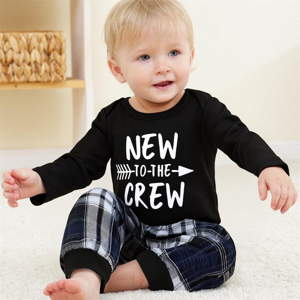 3PCS New To The Crew Letter Print Plaid Long Sleeve Baby Set