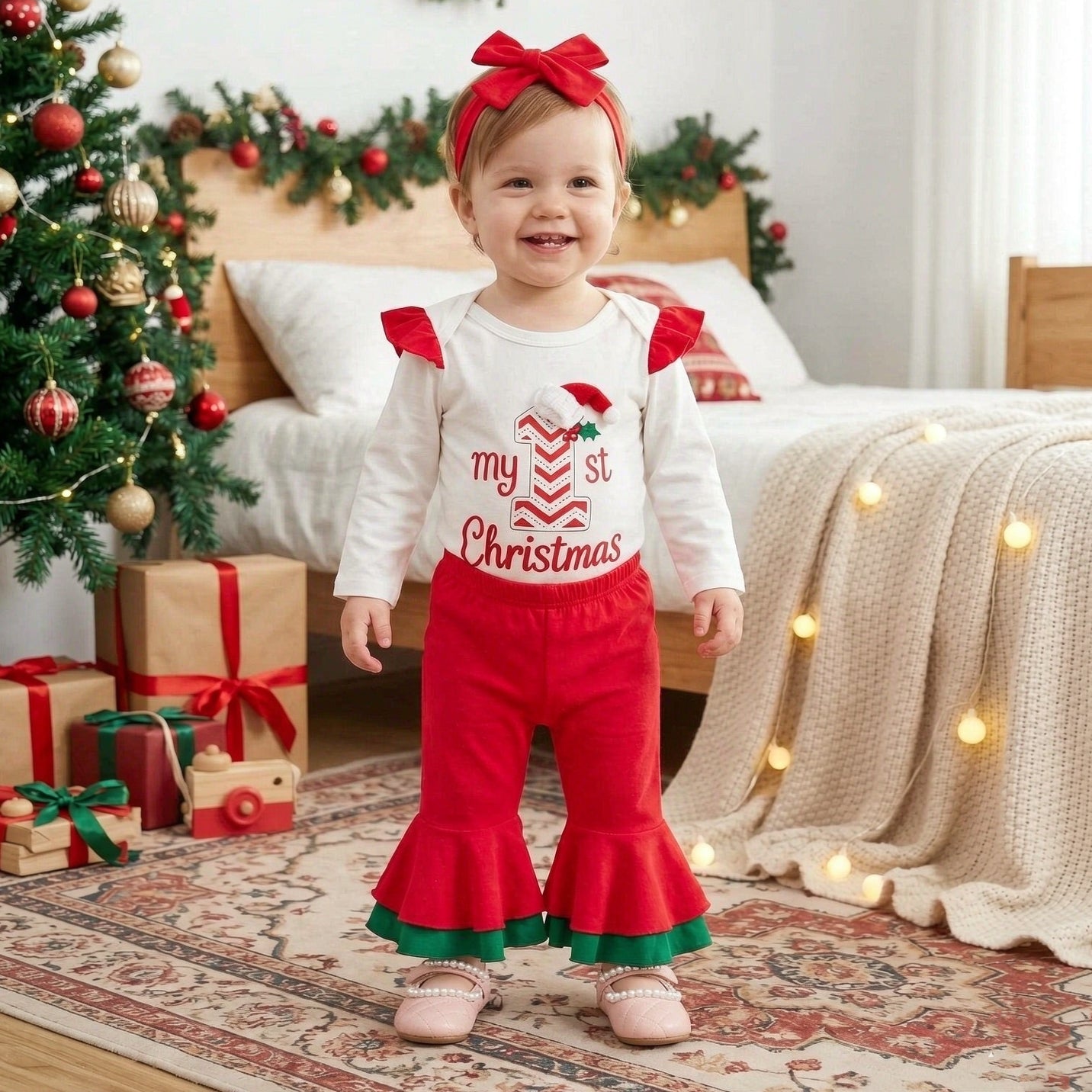 3PCS Pretty My 1st Christmas Letter Printed Long Sleeve Baby Set