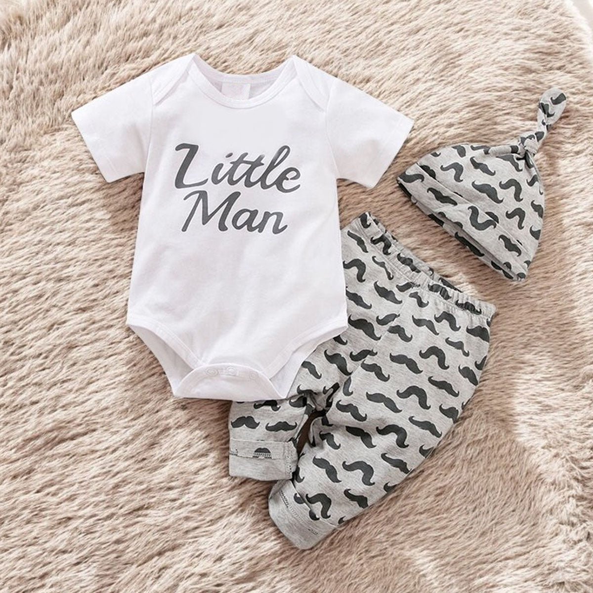3PCS Little Man Letter Mustache Printed Baby Set