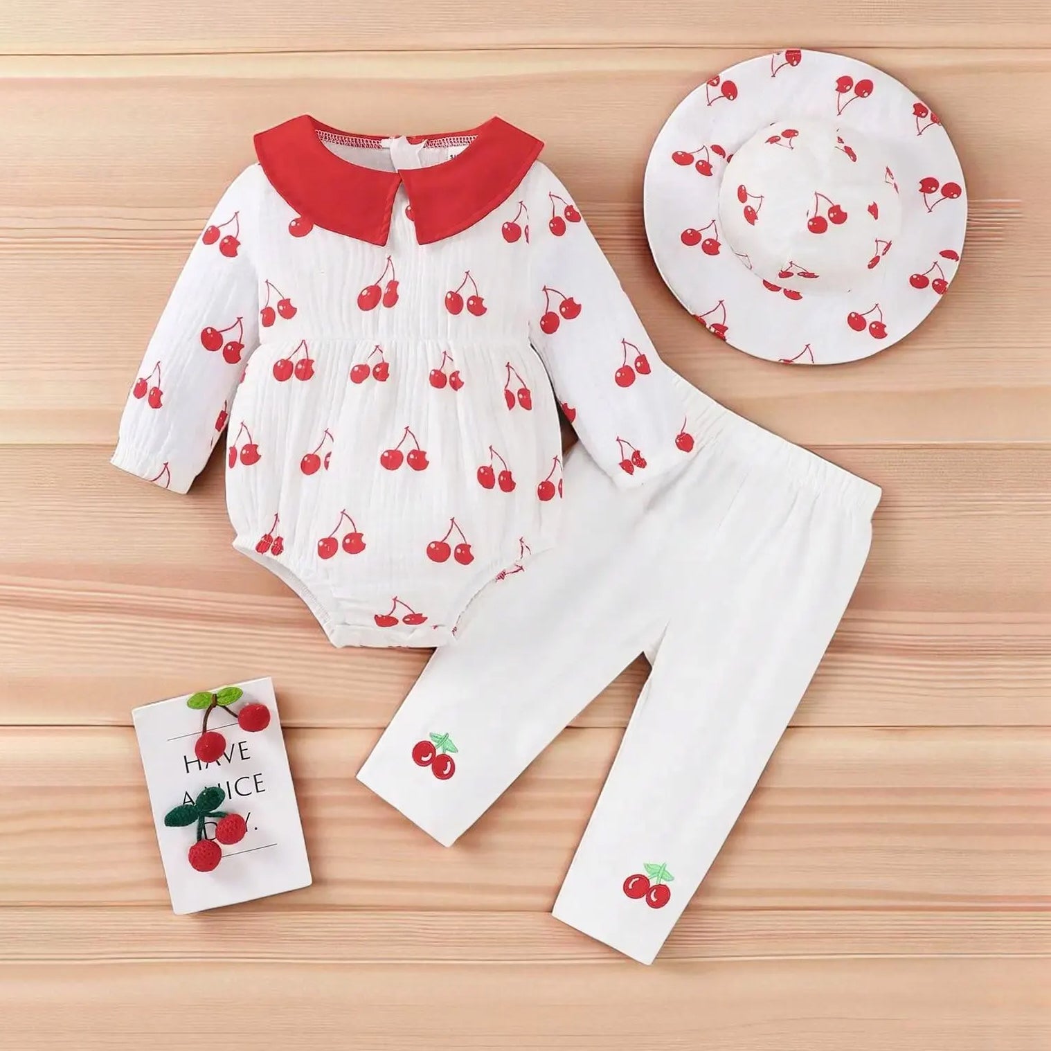3PCS Cheerful Cherry Print Long Sleeve Baby Set