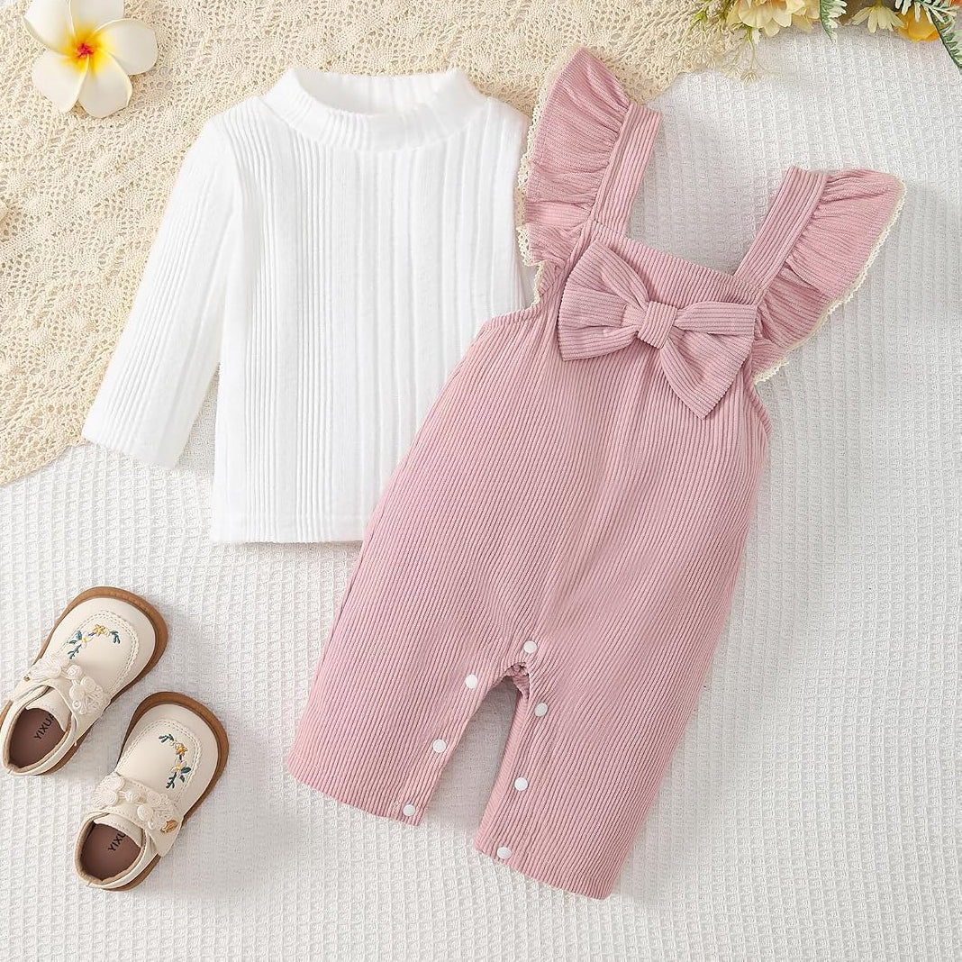 2PCS Sweet Baby Girl Bow Ruffle Long Sleeve Corduroy Overalls Set