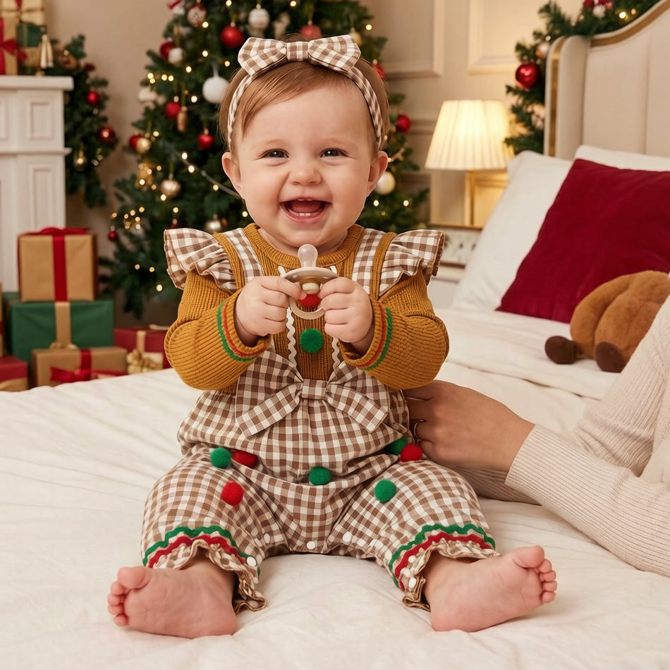 2PCS Christmas Gingerbread Man Plaid Print Baby Jumpsuit