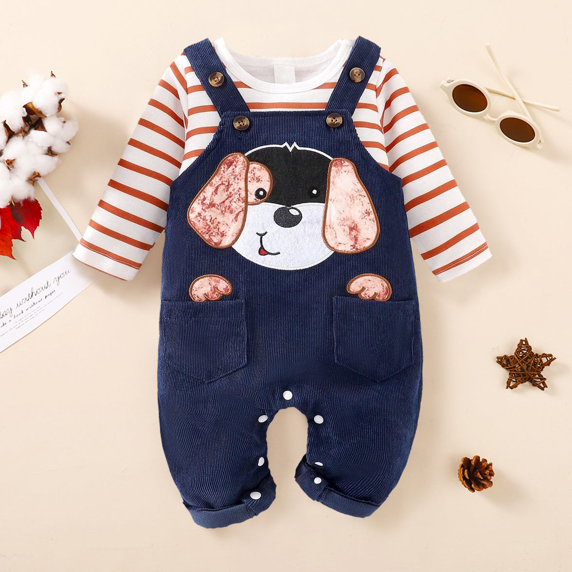 2PCS Cute Dog Stripe Printed Long Sleeve Baby Overalls Set