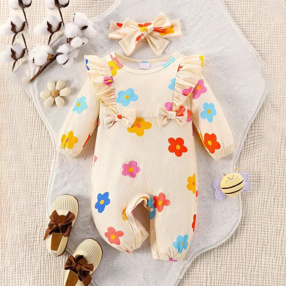 2PCS Radiant Floral Printed Ruffle Long Sleeve Baby Jumpsuit