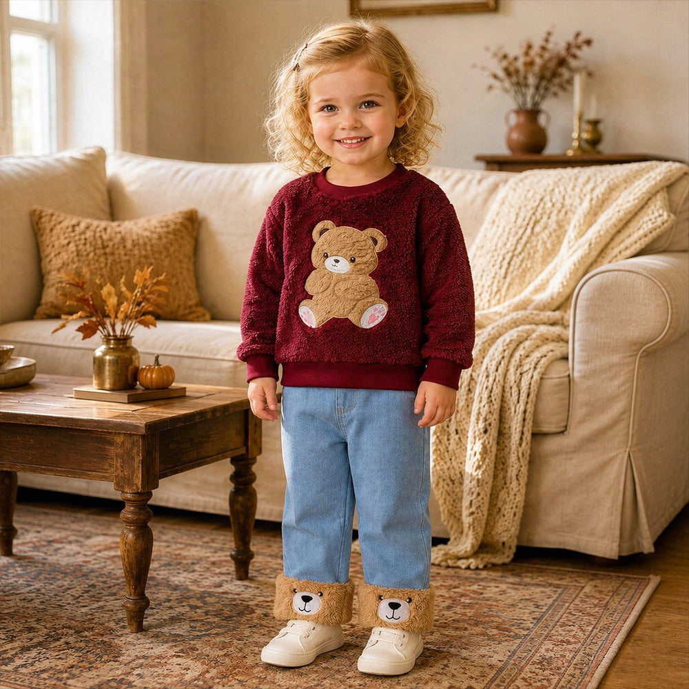 2PCS Lovely Bear Applique Sherpa Fleece Baby Girl Denim Set